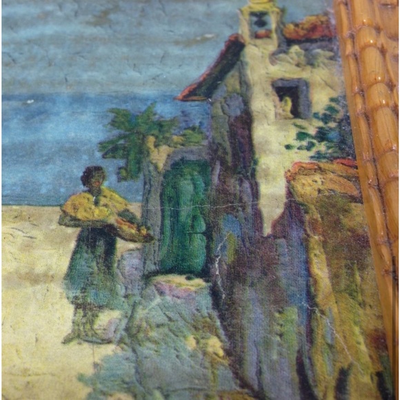 Beautiful Vintage Carved, footed, Cedar Jewelry Box w/Mirror Spain Coastal Scene - Picture 7 of 10